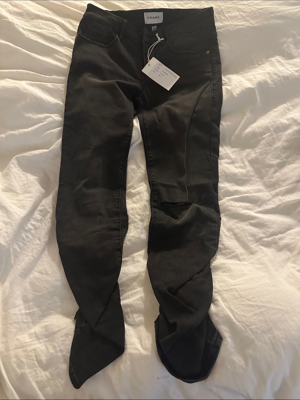 Frame Denim Black Skinny Jeans with Knee Distress
